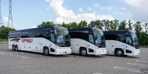 A fleet of white and black charter buses with Garas Transport branding parked in a lot.