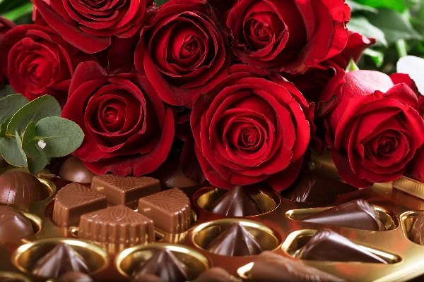 A close-up photograph of a bouquet of red roses arranged with chocolate candies.