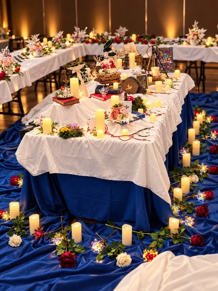 A long event table decorated with white tablecloths, blue draping, pillar candles, and floral arrangements including roses and greenery.