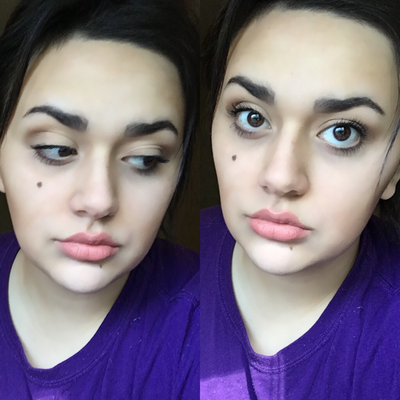 Before and after photo showing a woman's face with professionally applied makeup, including defined eyebrows, eyeshadow, and lip color.