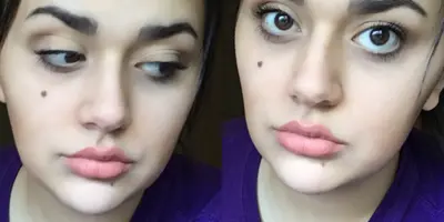 Before and after photo showing a woman's face with professionally applied makeup, including defined eyebrows, eyeshadow, and lip color.