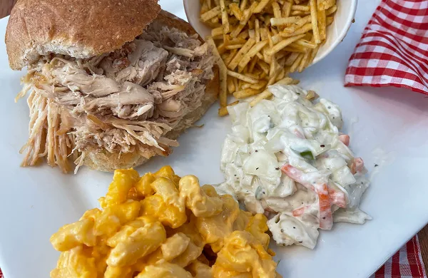 A catering plate featuring a pulled pork sandwich, macaroni and cheese, coleslaw, and french fries.