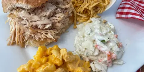 A catering plate featuring a pulled pork sandwich, macaroni and cheese, coleslaw, and french fries.