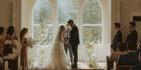 A bride and groom exchanging vows during a wedding ceremony in a chapel with large arched windows and floral arrangements.