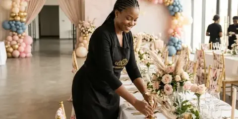 Event stylist arranging a luxury wedding tablescape with blush flowers and gold accents