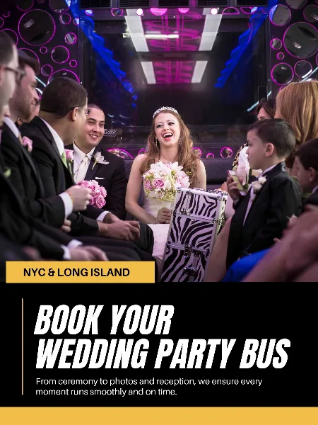 A bride and wedding party seated inside a party bus with colorful lighting.