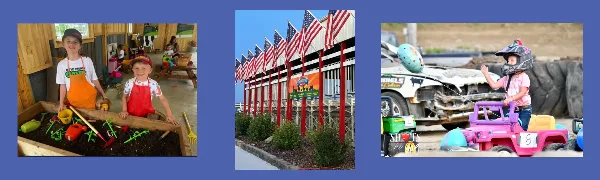 Exterior view of the Floyd County Fair facility with a row of American flags and a sign.