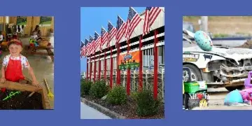Exterior view of the Floyd County Fair facility with a row of American flags and a sign.