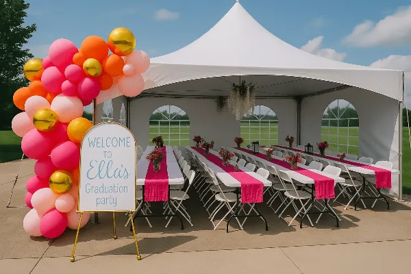 A white high-peak tent set up outdoors with long tables, white chairs, and pink table runners, accompanied by a balloon arch and a welcome sign.