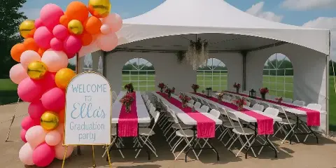 A white high-peak tent set up outdoors with long tables, white chairs, and pink table runners, accompanied by a balloon arch and a welcome sign.
