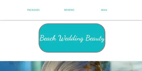 Website header showing the 'Beach Wedding Beauty' logo and a partial view of a person's hair.