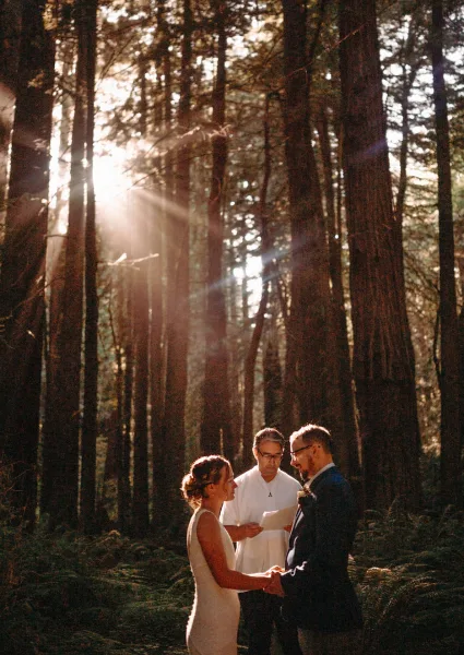 A wedding officiant in white robes stands between a bride and groom holding hands in a sunlit forest.
