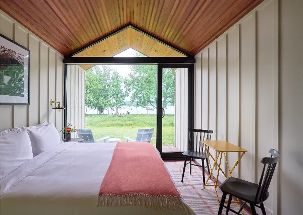 Cabin interior overlooking the Hudson River at Hutton Brickyards, Kingston NY