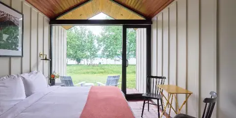 Cabin interior overlooking the Hudson River at Hutton Brickyards, Kingston NY
