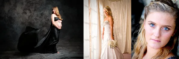A three-panel photography portfolio collage showing a woman in a black maternity gown, a bride in a white wedding dress holding a bouquet, and a close-up portrait of a young woman.
