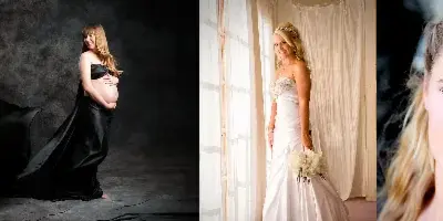 A three-panel photography portfolio collage showing a woman in a black maternity gown, a bride in a white wedding dress holding a bouquet, and a close-up portrait of a young woman.