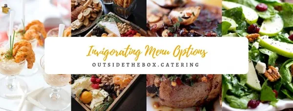 A promotional banner for Outside the Box Catering featuring a collage of various food dishes including shrimp appetizers, a charcuterie board, roasted meats, and a fresh salad.