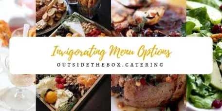 A promotional banner for Outside the Box Catering featuring a collage of various food dishes including shrimp appetizers, a charcuterie board, roasted meats, and a fresh salad.
