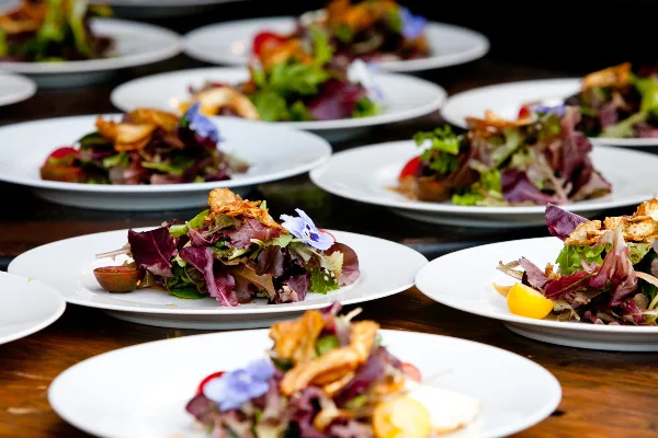 A table filled with numerous white plates, each containing a fresh salad with mixed greens, edible flowers, and garnishes.