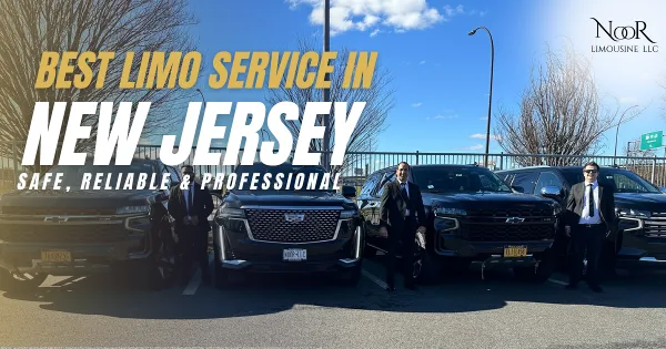 A row of black luxury SUVs including a Cadillac Escalade and Chevrolet Suburban parked in a lot with three uniformed chauffeurs standing in front.