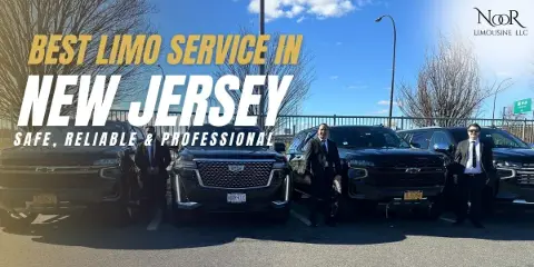 A row of black luxury SUVs including a Cadillac Escalade and Chevrolet Suburban parked in a lot with three uniformed chauffeurs standing in front.