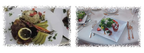 Two photographs showing plated food dishes and table settings.
