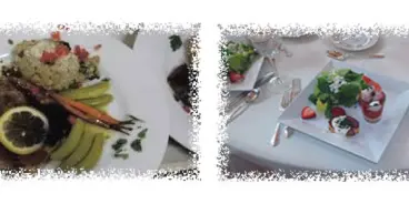Two photographs showing plated food dishes and table settings.