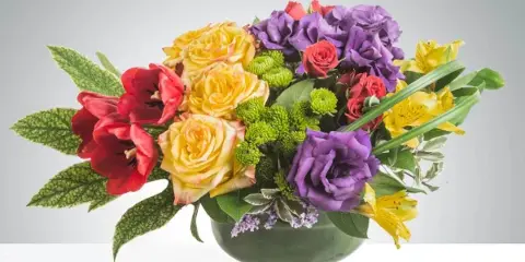 A colorful floral arrangement featuring yellow roses, purple carnations, red amaryllis, and yellow lilies in a green glass pedestal vase.