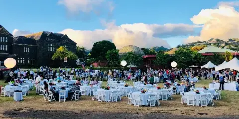 Outdoor event setup with white tables and chairs on a lawn in front of the Bishop Museum in Honolulu.
