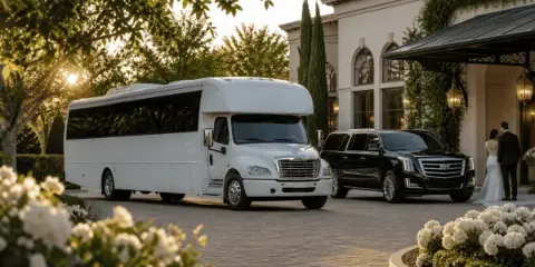 Wedding transportation shuttle and luxury SUV outside a wedding venue for guests and bridal parties