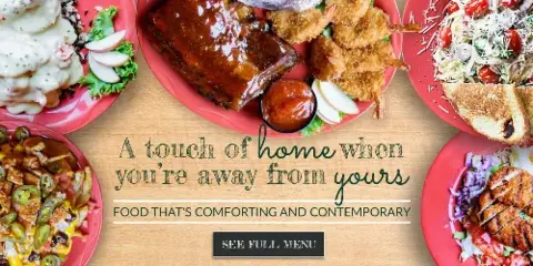 A collage of various plated food dishes including ribs, fried shrimp, salad, and other entrees.