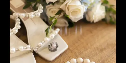 White pearl-embellished bridal heels, white rose bouquet, and an engagement ring on a wooden surface.