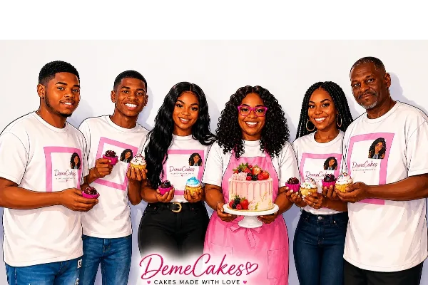 A group of six people wearing DemeCakes branded t-shirts, holding a decorated cake and cupcakes.