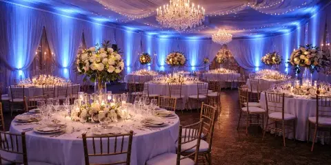 A wedding banquet hall with round tables, chandeliers, and blue uplighting illuminating the white drapery.