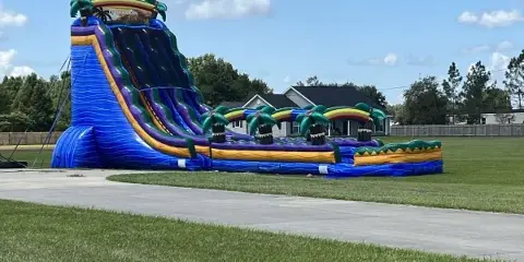 A large, colorful inflatable water slide with a blue and purple theme set up on a grassy lawn.