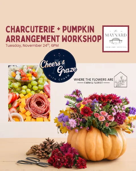 A colorful cut flower arrangement in a pumpkin with pinecones and scissors, branded with Where the Flowers Are Farm & Florist.