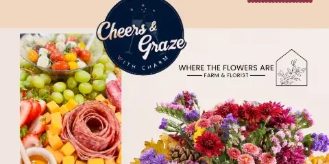 A colorful cut flower arrangement in a pumpkin with pinecones and scissors, branded with Where the Flowers Are Farm & Florist.
