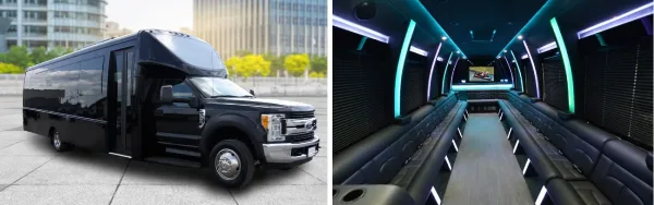 A black luxury limousine parked outside with a view of its interior featuring leather seating and LED lighting.