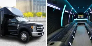 A black luxury limousine parked outside with a view of its interior featuring leather seating and LED lighting.