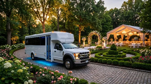 A white JVS limo party bus parked on a cobblestone path at a wedding venue with a floral arch and reception tent.