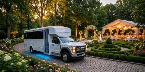 A white JVS limo party bus parked on a cobblestone path at a wedding venue with a floral arch and reception tent.