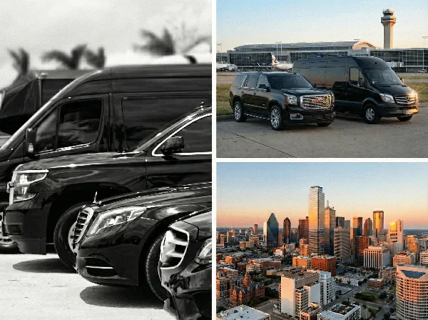 A black SUV and a black Sprinter van parked in front of an airport terminal building.