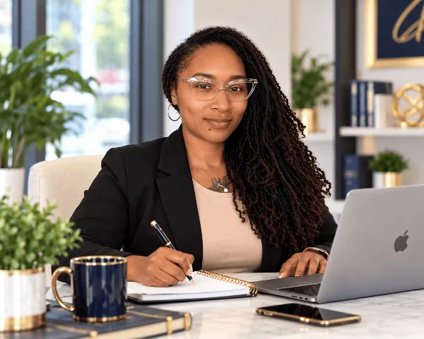 A professional woman in a business suit sitting at a desk with a laptop, notebook, and pen.