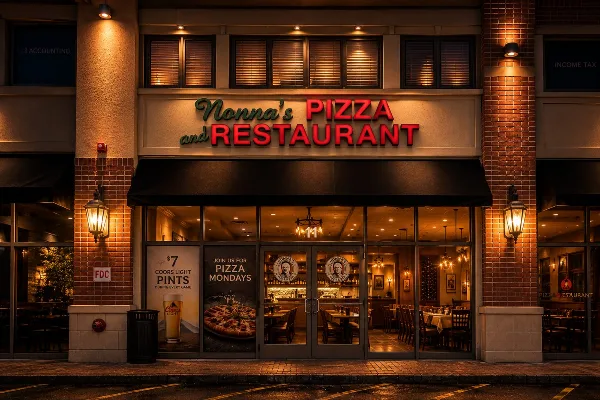Exterior view of Nonna's Pizza and Restaurant storefront at night, showing the illuminated sign and dining room through the windows.