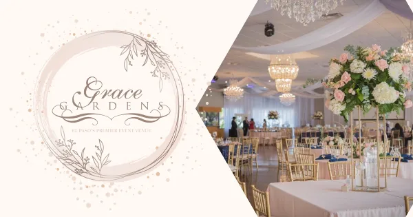 Interior view of a wedding ballroom with round tables, gold chairs, and floral centerpieces.