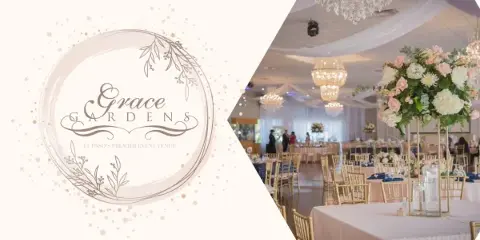 Interior view of a wedding ballroom with round tables, gold chairs, and floral centerpieces.