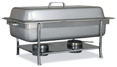 Stainless steel chafing dish with fuel burners on a stand