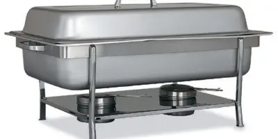 Stainless steel chafing dish with fuel burners on a stand