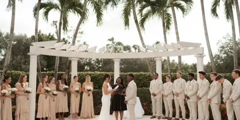 A wedding ceremony taking place outdoors under a white pergola structure with palm trees in the background.