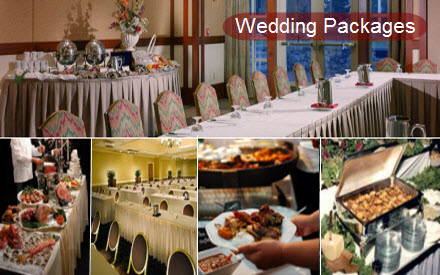 A collage showing a banquet room set for a wedding with long tables and chairs, alongside close-up photos of various catering food platters and dishes.